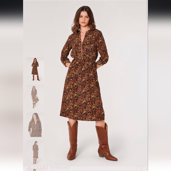 Apricot Texture Print Zip Midi Dress Size 10 - Picture 1 of 9